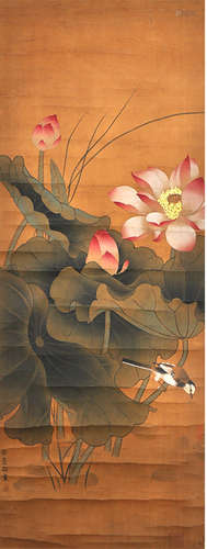 Chinese Lotus Pond Painting Silk Scroll, Xu Chongsi Mark