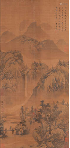 Chinese Visiting Friends Painting Silk Scroll, Wu Zhen Mark