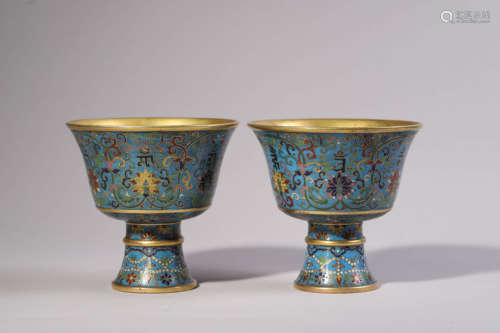 Pair of Cloisonne Enamel Flower Stem Cups