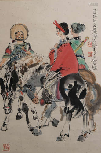 Chinese Figure Painting Paper Scroll, Cheng Shifa Mark