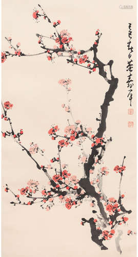 Chinese Plum Blossom Painting Paper Scroll, Dong Shouping Ma...