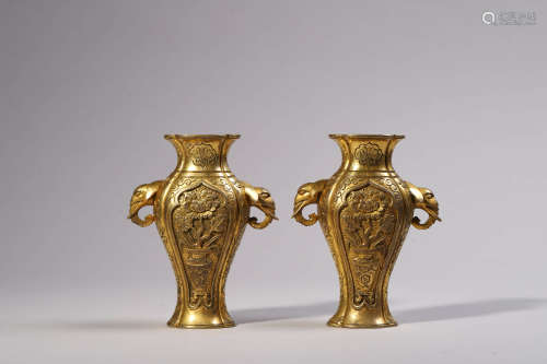 Pair of Gilt Bronze Elephant-Eared Vases