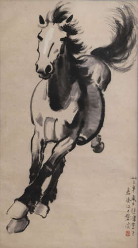 Chinese Horse Painting Paper Scroll, Xu Beihong Mark