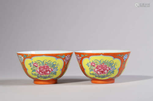 Pair of Famille Rose Flower Bowls