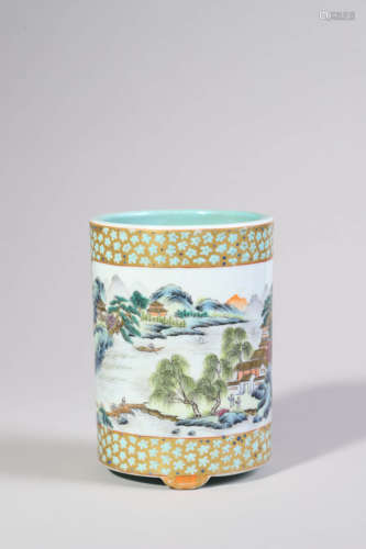 Famille Rose Landscape Brush Pot