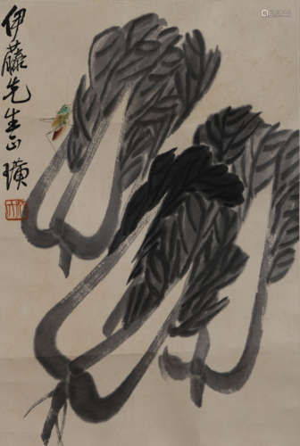 Chinese Cabbage Painting Paper Scroll, Qi Baishi Mark