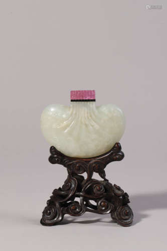 Carved Hetian Jade Flower Snuff Bottle, with Stand