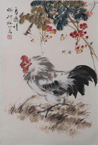 Chinese Rooster Painting Paper Scroll, Xiao Lang Mark