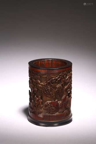 A CHINESE BAMBOO SIGNED RELIEF CARVED BRUSHPOT