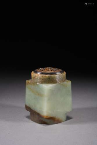 A CHINESE CELADON AND RUSSET JADE CONG