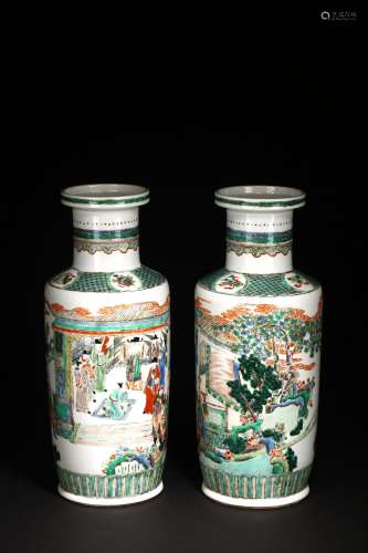 A PAIR OF CHINESE FAMILLE VERTE 'FIGURES' ROULEAU VASES