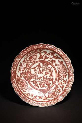 A CHINESE COPPER RED FLOWERS BARBED RIM DISH