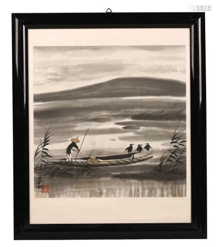 LIN FENGMIAN: COLOR AND INK 'FISHERMAN' FRAMED PAINTING