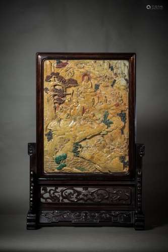 A SHOUSHAN STONE CARVED TABLE SCREEN