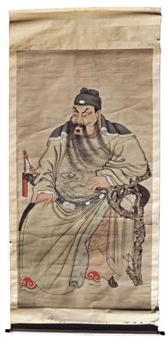 A LARGE CHINESE 'GUAN YU' HANGING SCROLL PAINTING