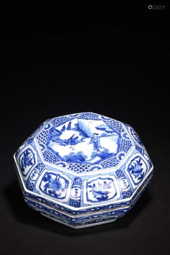 A CHINESE BLUE AND WHITE OCTAGONAL 'FIGURES' COVERED BOX