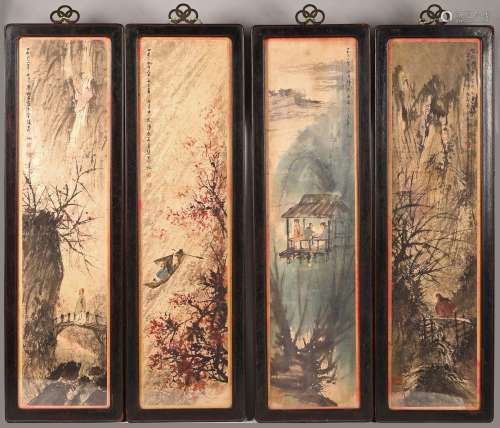 FU BAOSHI: COLOR AND INK 'SCHOLARS' SET OF FOUR PAINTING