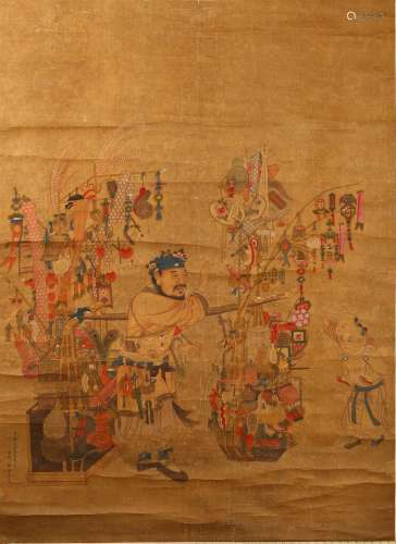 CHINESE COLOR AND INK SILK 'BOYS AND MERCHANT' PAINTING