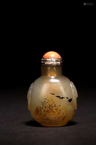 A SILHOUETTE AGATE 'GEESE FLYING OVER SAND' SNUFF BOTTLE