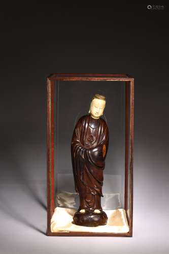 A CHINESE ZITAN CARVED GUANYIN STANDING FIGURE