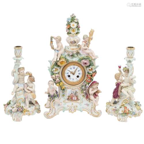 Meissen Porcelain Pendule With Two Candlesticks.