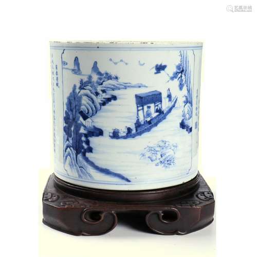 A Chinese Blue And White Porcelain Brush Pot With Wood Stand