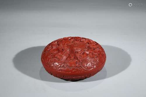 CINNABAR LACQUER STYLE 'BUDDHIST LIONS' BOX AND COVER