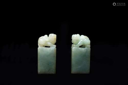 A PAIR OF JADEITE CARVED 'BUDDHIST LION' SEALS