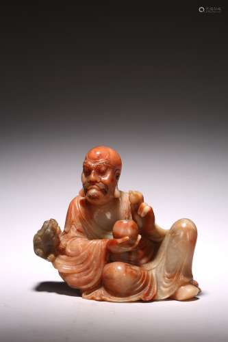 A CHINESE SOAPSTONE FIGURE OF LUOHAN AND TIGER CUB