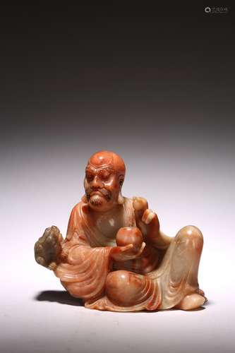 A CHINESE SOAPSTONE FIGURE OF LUOHAN AND TIGER CUB