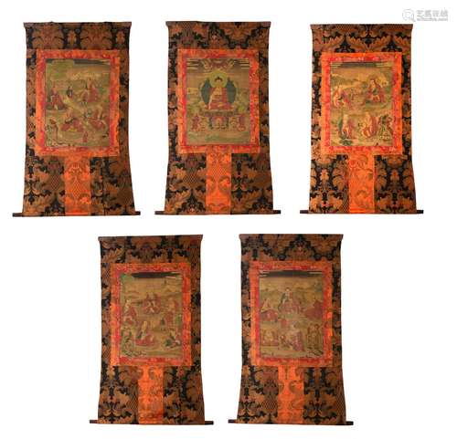 A SET OF FIVE TIBETAN THANGKA OF BUDDHA