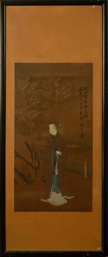 A FRAMED SILK PAINTING OF MEIREN