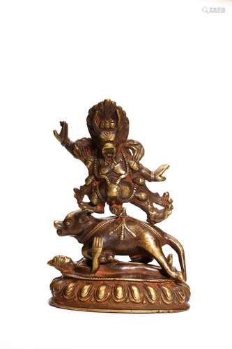 A GILT COPPER ALLOY FIGURE OF GUARDIAN DEITY