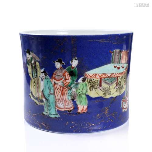 A Chinese Blue Glazed Famille Rose Porcelain Brush Pot