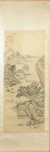 A COLOR AND INK 'LANDSCAPE' HANGING SCROLL PAINTING