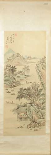 A COLOR AND INK 'LANDSCAPE' HANGING SCROLL PAINTING