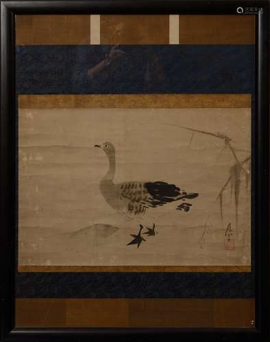 A FRAMED INK ON PAPER PAINTING OF DUCK