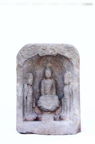 A CARVED STONE FIGURES OF THREE BUDDHAS