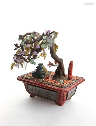 CHINESE GEMS 'TREE AND FIGURAL GROUP' IN CINNABAR LACQUER PL...