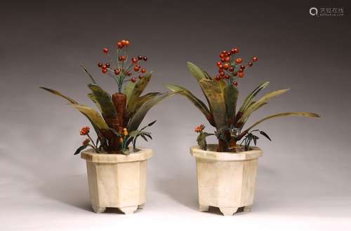 A PAIR OF GREEN JADE AND AMBER 'ORCHIDS' MARBLE PLANTERS