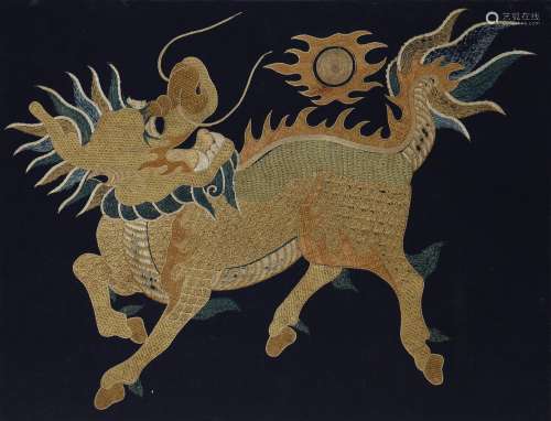 A CHINESE EMBROIDERED QILIN PANEL