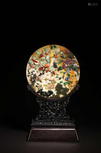 A CHINESE SEMIPRECIOUS GEMS INLAID CIRCULAR TABLE SCREEN