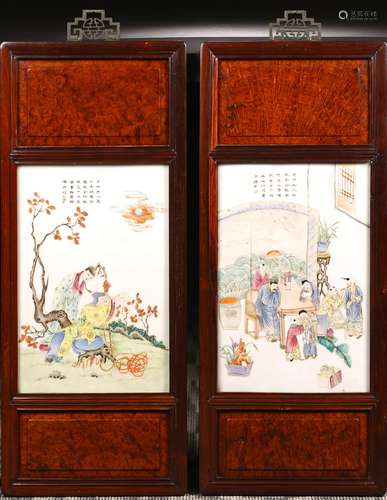 A PAIR OF FAMILLE ROSE 'FIGURES' RECTANGULAR PANELS