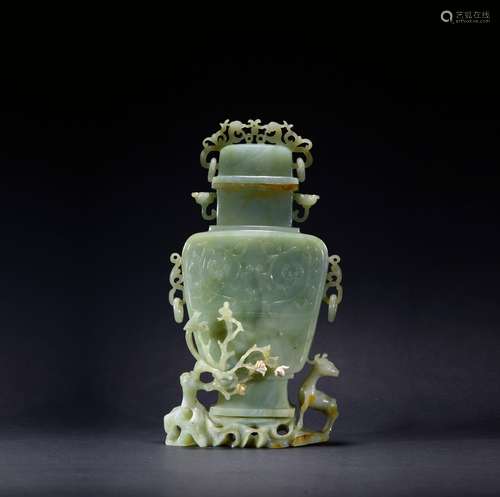 A SPINACH JADE CARVED 'DEER AND PLUM' VASE