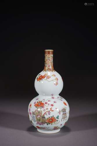 A FAMILLE ROSE 'BOGU' DOUBLE GOURD VASE