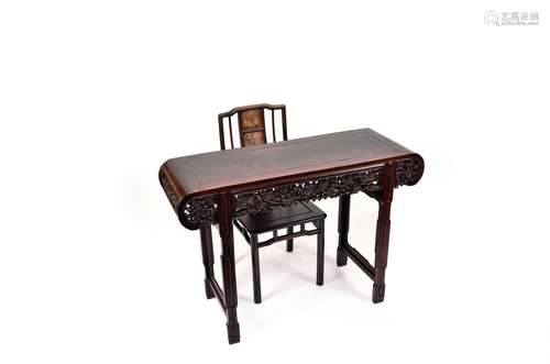 A CHINESE HARDWOOD 'LINGZHI' ALTAR TABLE AND SIDE CHAIR