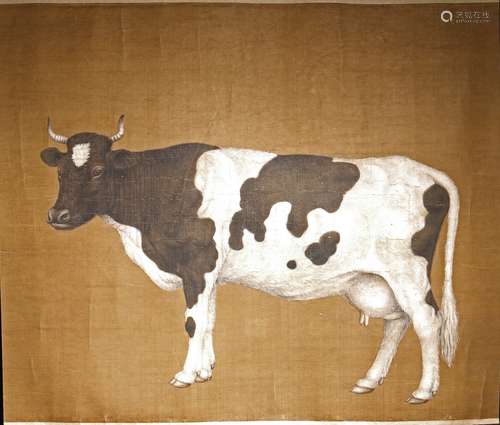 A COLOR AND INK ON SILK 'COW' PAINTING