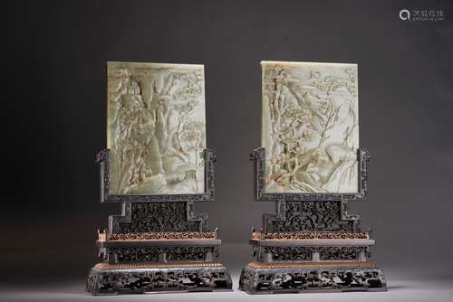 A PAIR OF CELADON JADE CARVED LANDSCAPE TABLE SCREENS