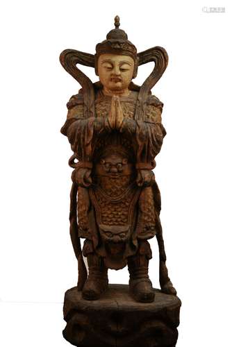 A LARGE WOOD PAINTED STATUE OF GUARDIAN KING