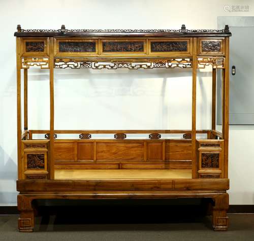 A CHINESE WOOD CARVED SIX POST CANOPY BED